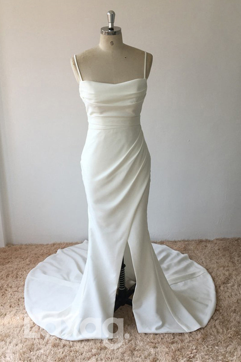 Spaghetti Sleeveless Satin Mermaid Wedding Dress With Slit - Fashionpara