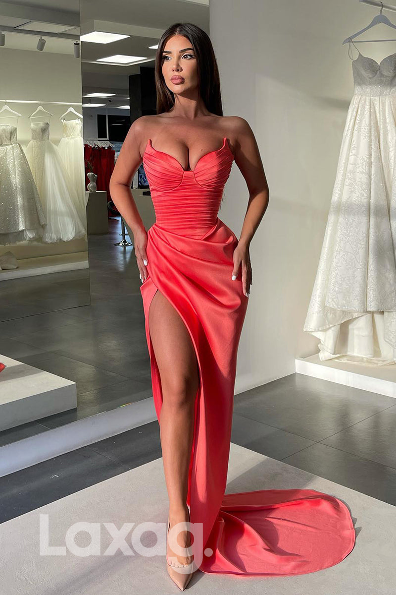 Strapless High Slit Pleated Blush Pink Prom Evening Dress - Fashionpara