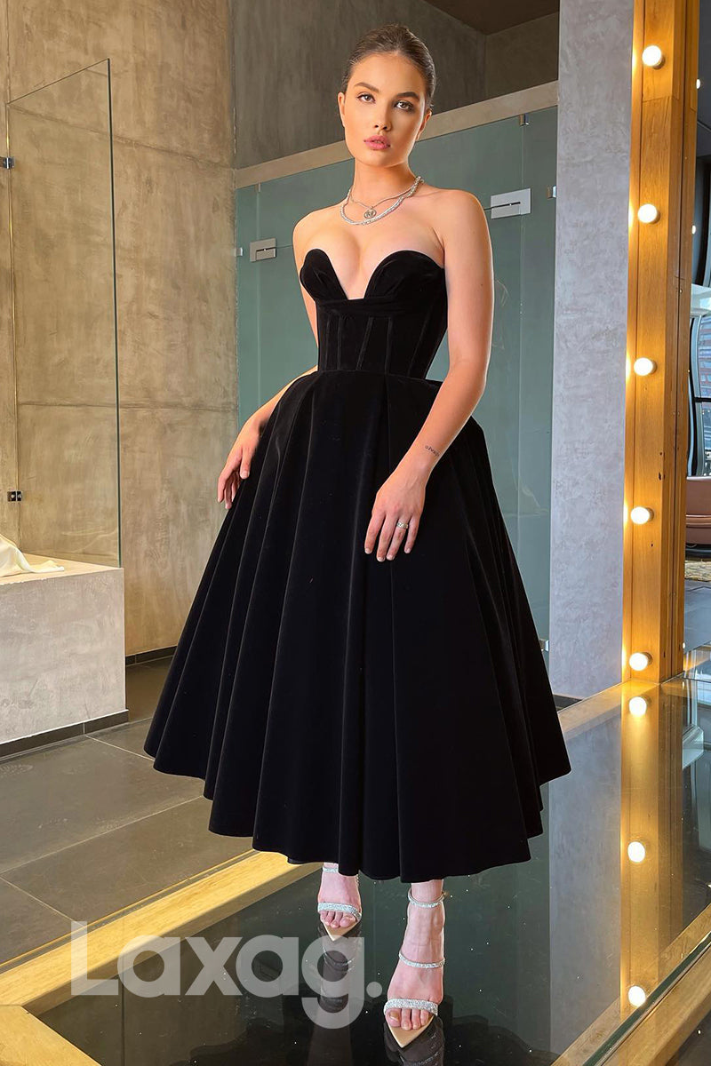 Sweetheart Pleated Velvet Ankle Length Prom Evening Gown - Fashionpara