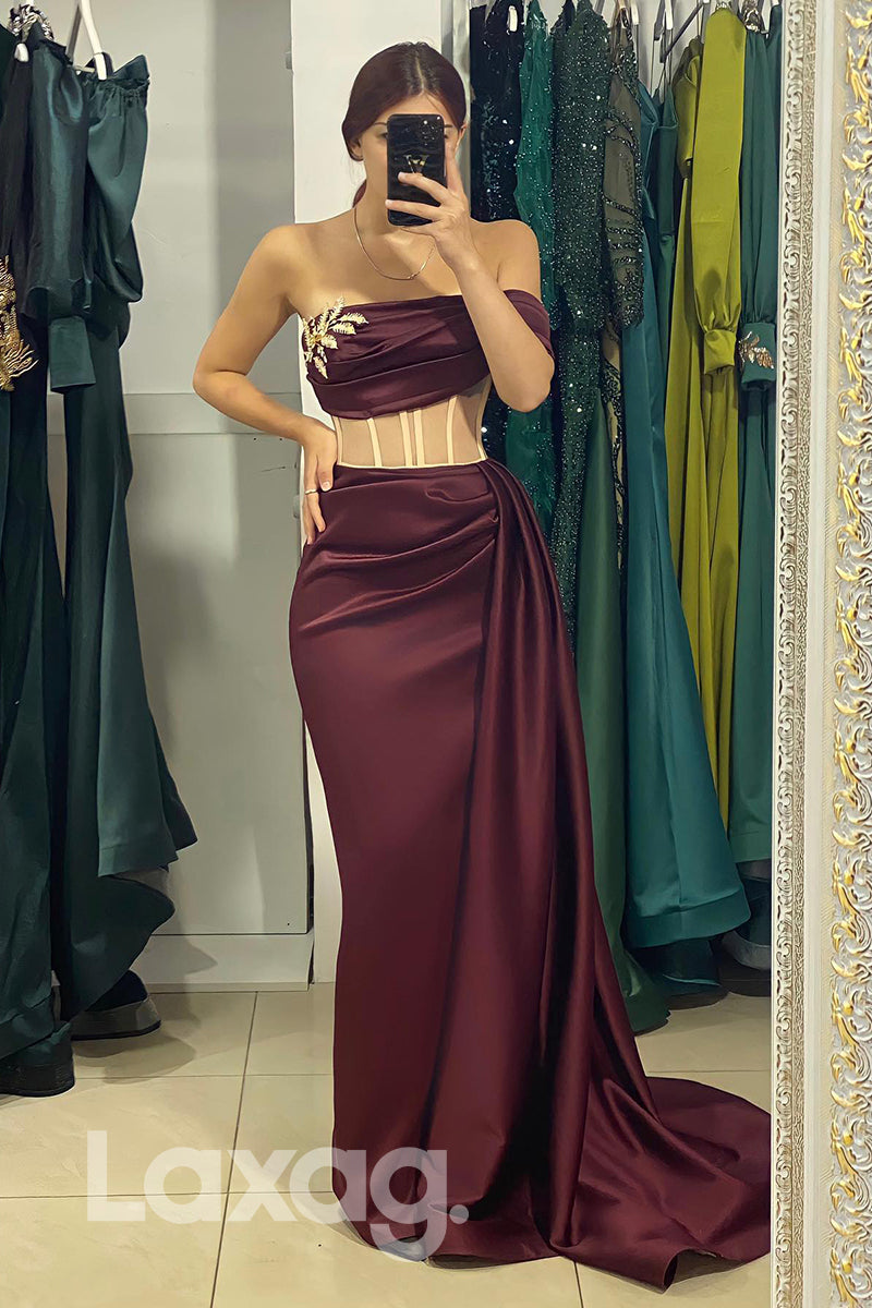 Strapless Bone Bodice Pleated Prom Party Gown With Overskirt - Fashionpara