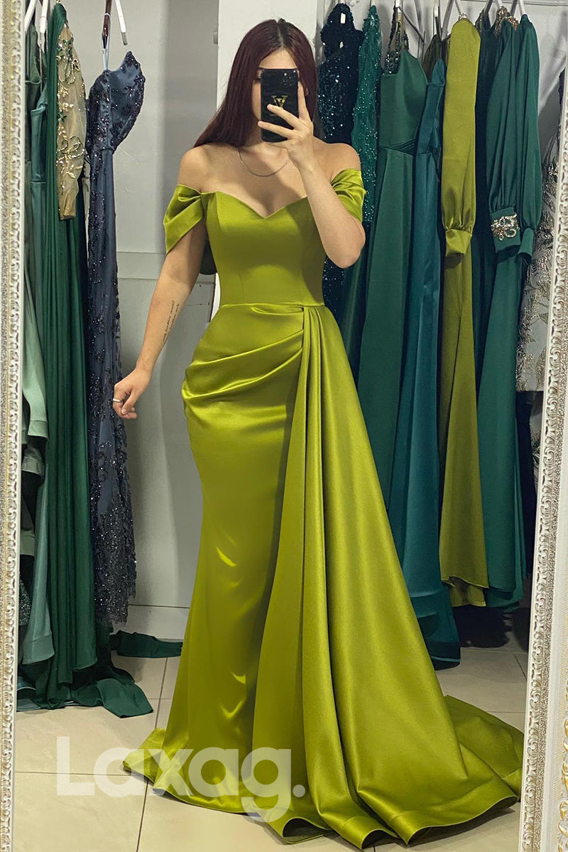 Off Shoulder Pleated Prom Evening Gown With Overskirt - Fashionpara