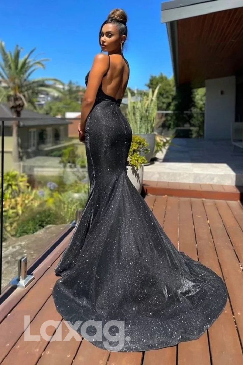 20720 - Women's Spaghetti Straps Pleats Sparkly Prom Dress