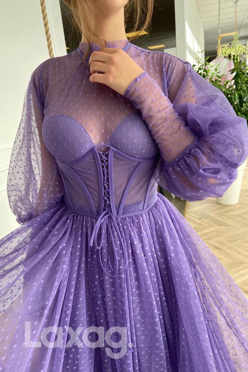 20731 - High Neck Tulle Long Sleeves Vintage Prom Dress with Pockets