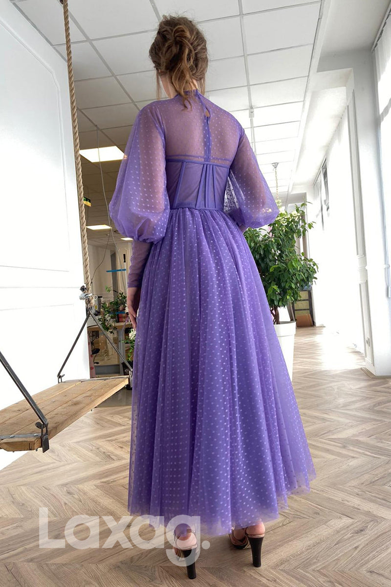 20731 - High Neck Tulle Long Sleeves Vintage Prom Dress with Pockets