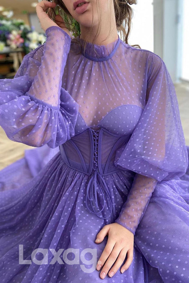 20731 - High Neck Tulle Long Sleeves Vintage Prom Dress with Pockets