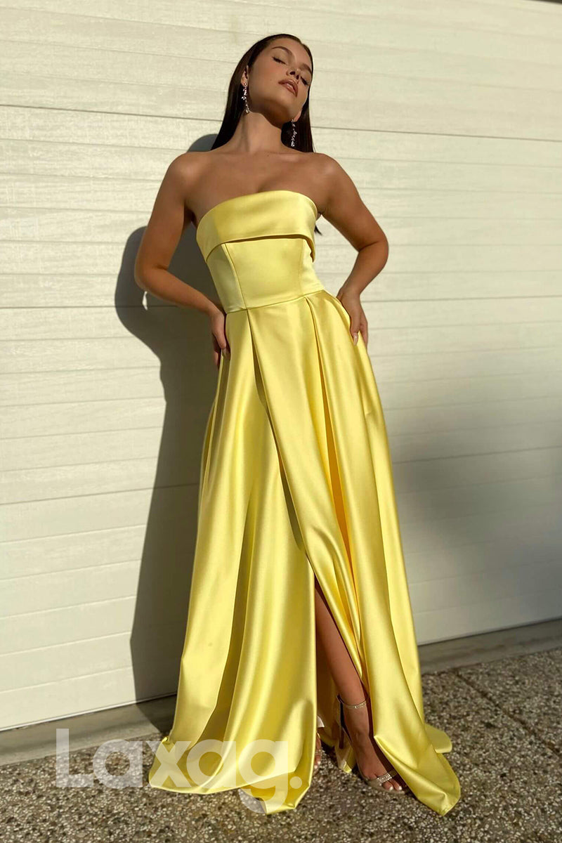 21700 - Strapless Yellow Satin High Split Simple Prom Dress with Pockets|LAXAG
