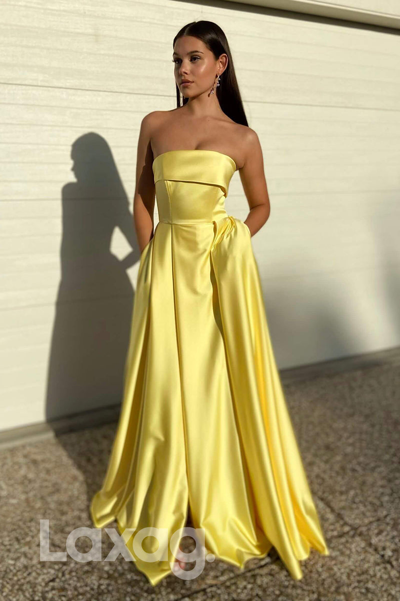 21700 - Strapless Yellow Satin High Split Simple Prom Dress with Pockets