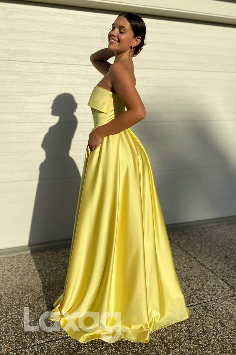 21700 - Strapless Yellow Satin High Split Simple Prom Dress with Pockets