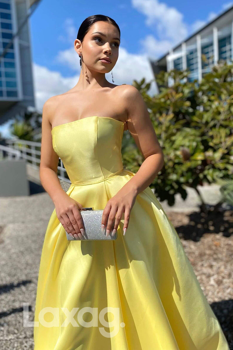 21702 - Strapless A-line Yellow Satin Long Prom Dress with Pockets