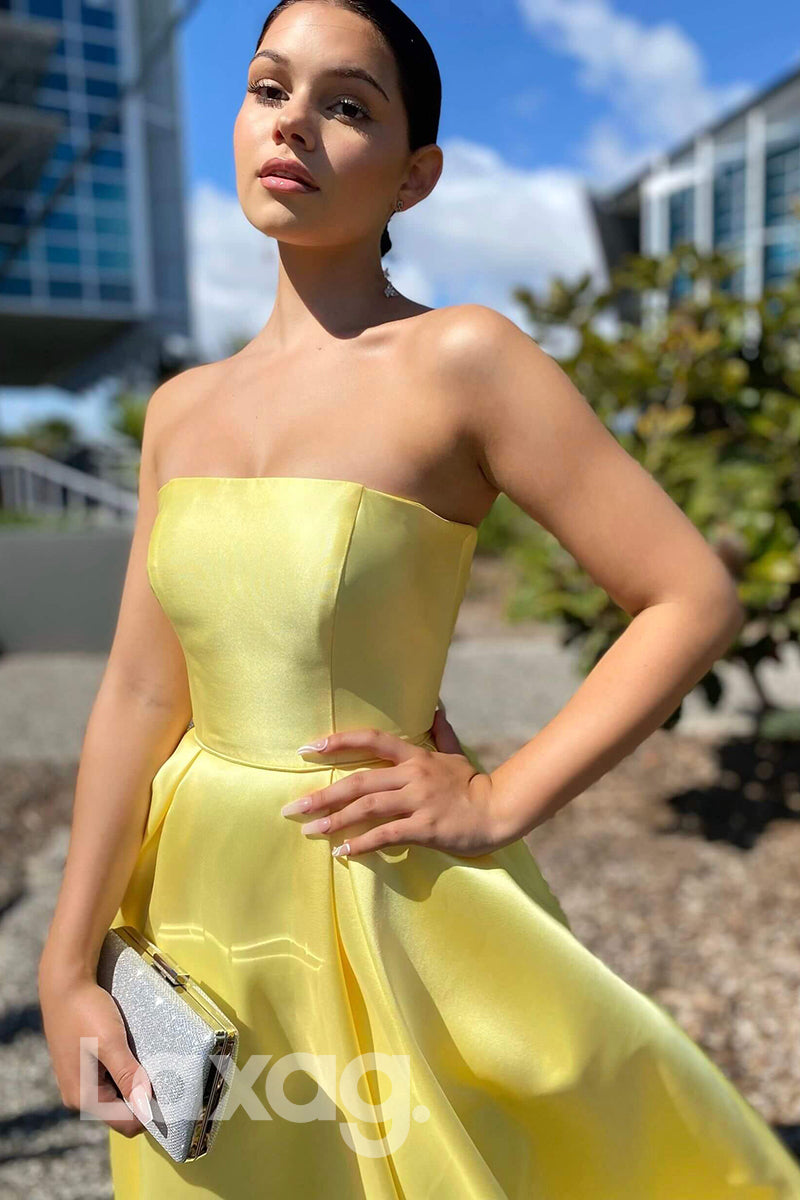 21702 - Strapless A-line Yellow Satin Long Prom Dress with Pockets