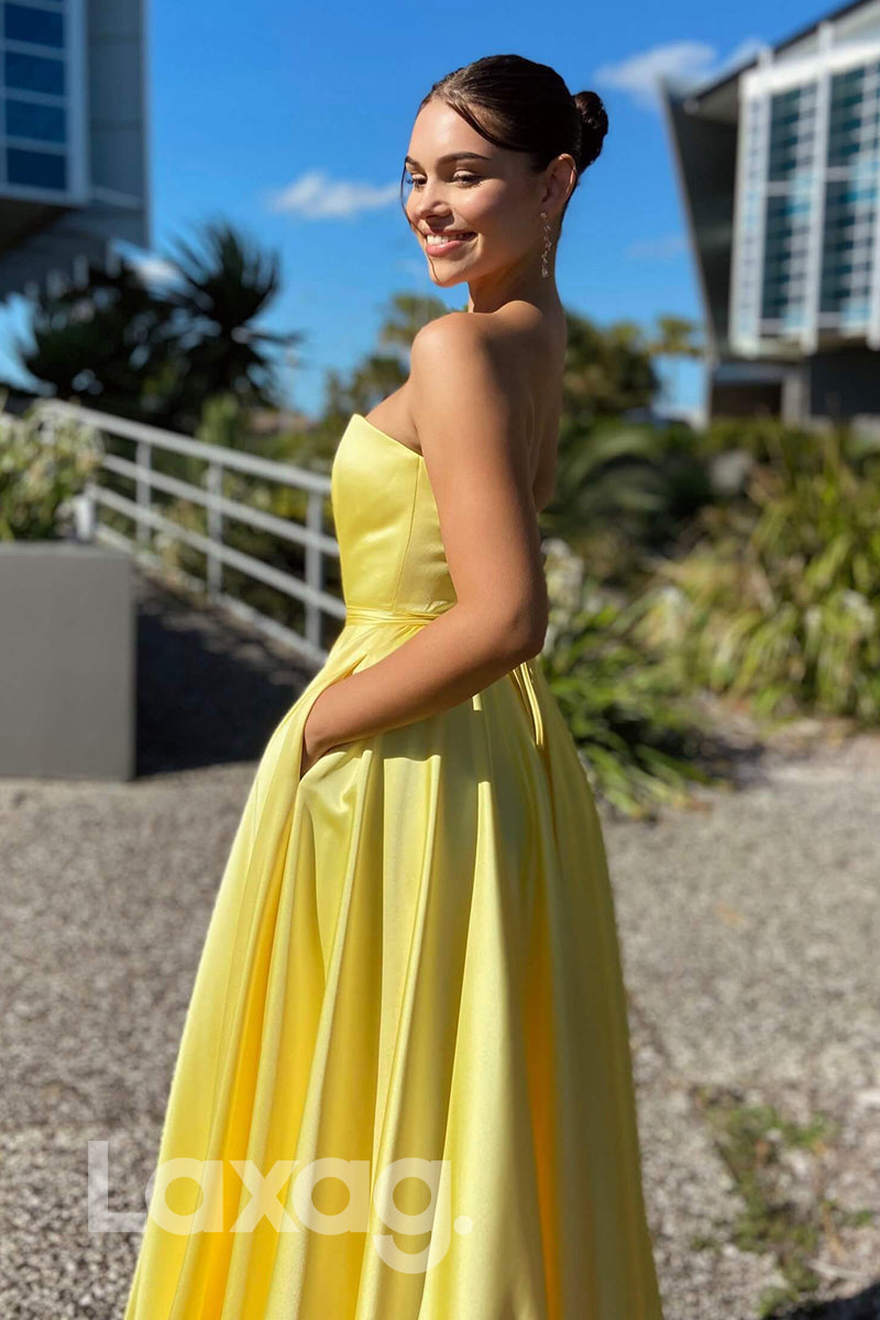 21703 - A-line Sweetheart Yellow Satin Cheap Prom Dress