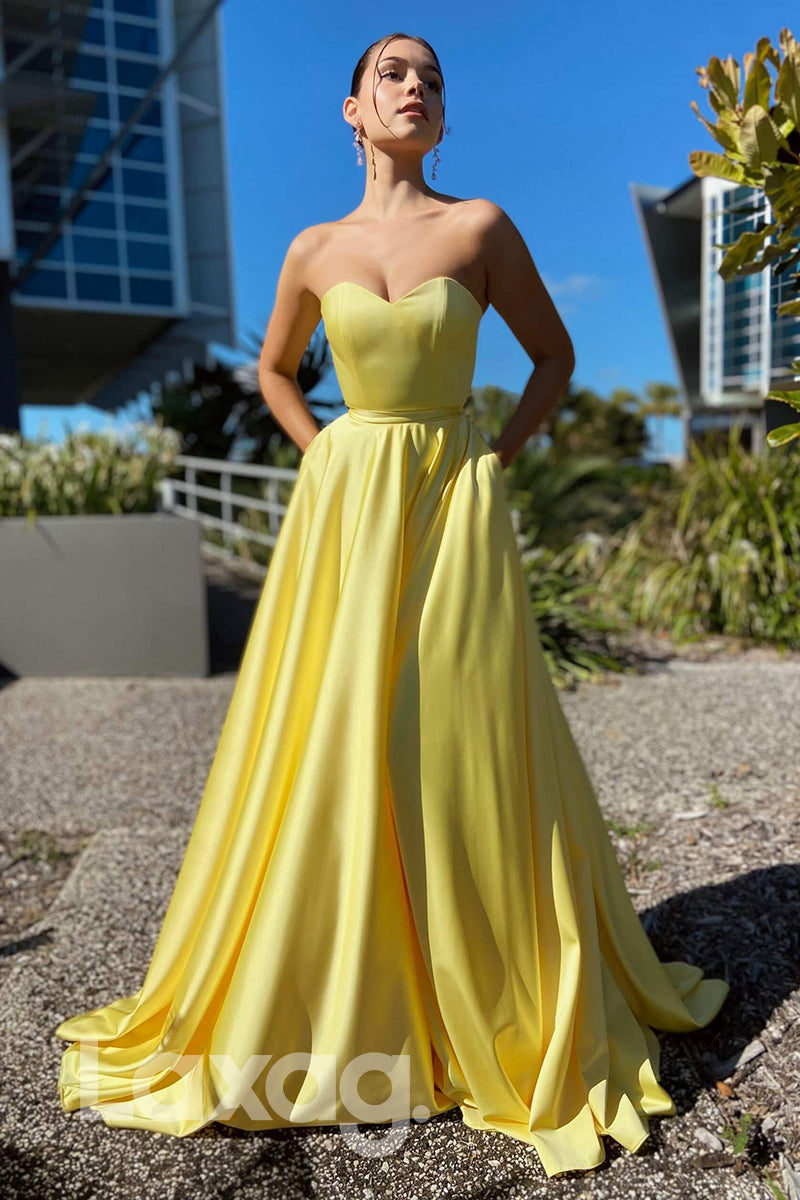 21703 - A-line Sweetheart Yellow Satin Cheap Prom Dress