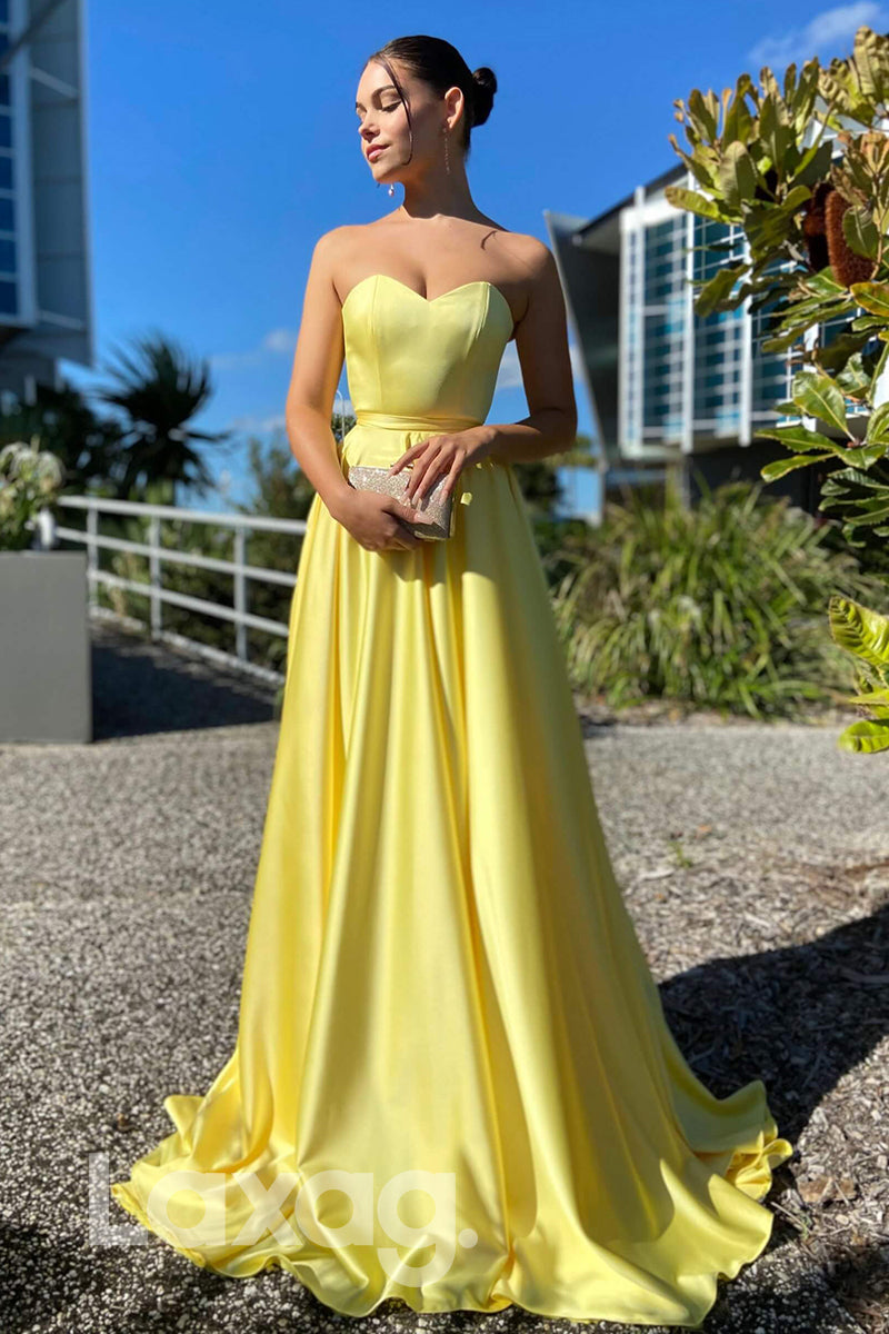 21703 - A-line Sweetheart Yellow Satin Cheap Prom Dress