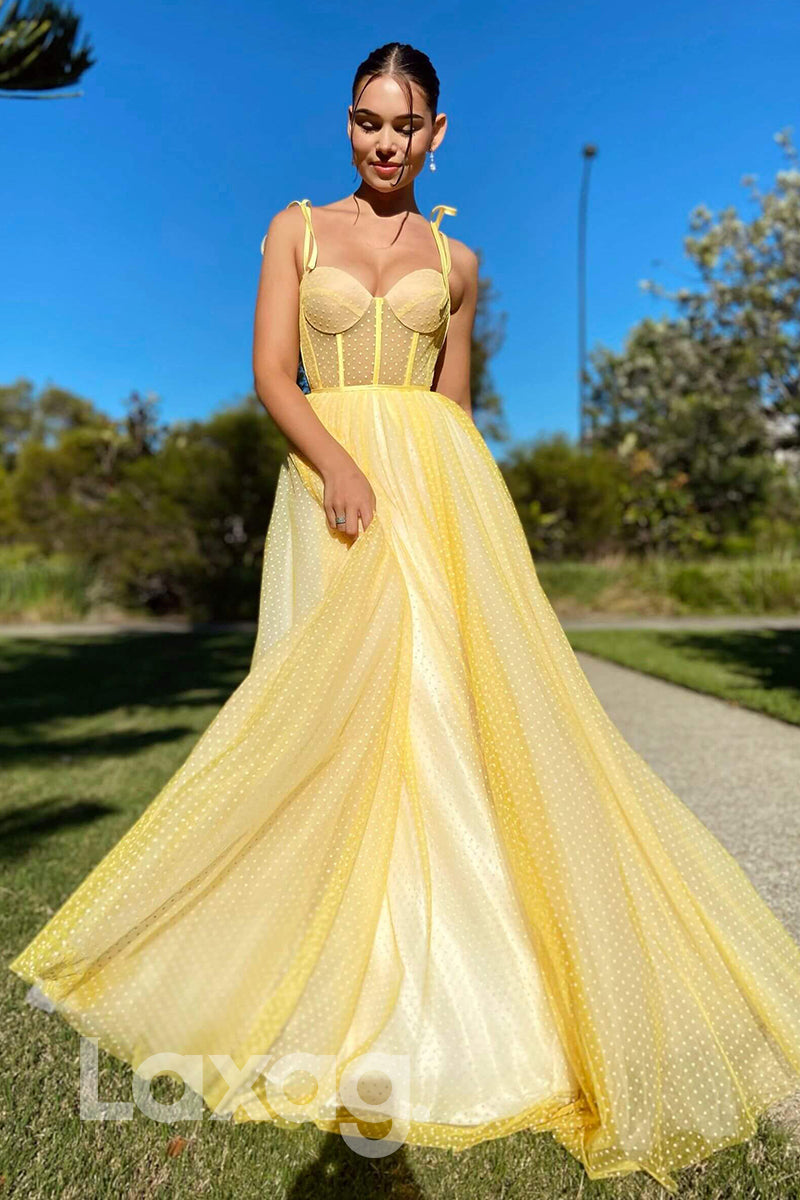 21704 - Spaghetti Straps Sweetheart Yellow Long Prom Dress
