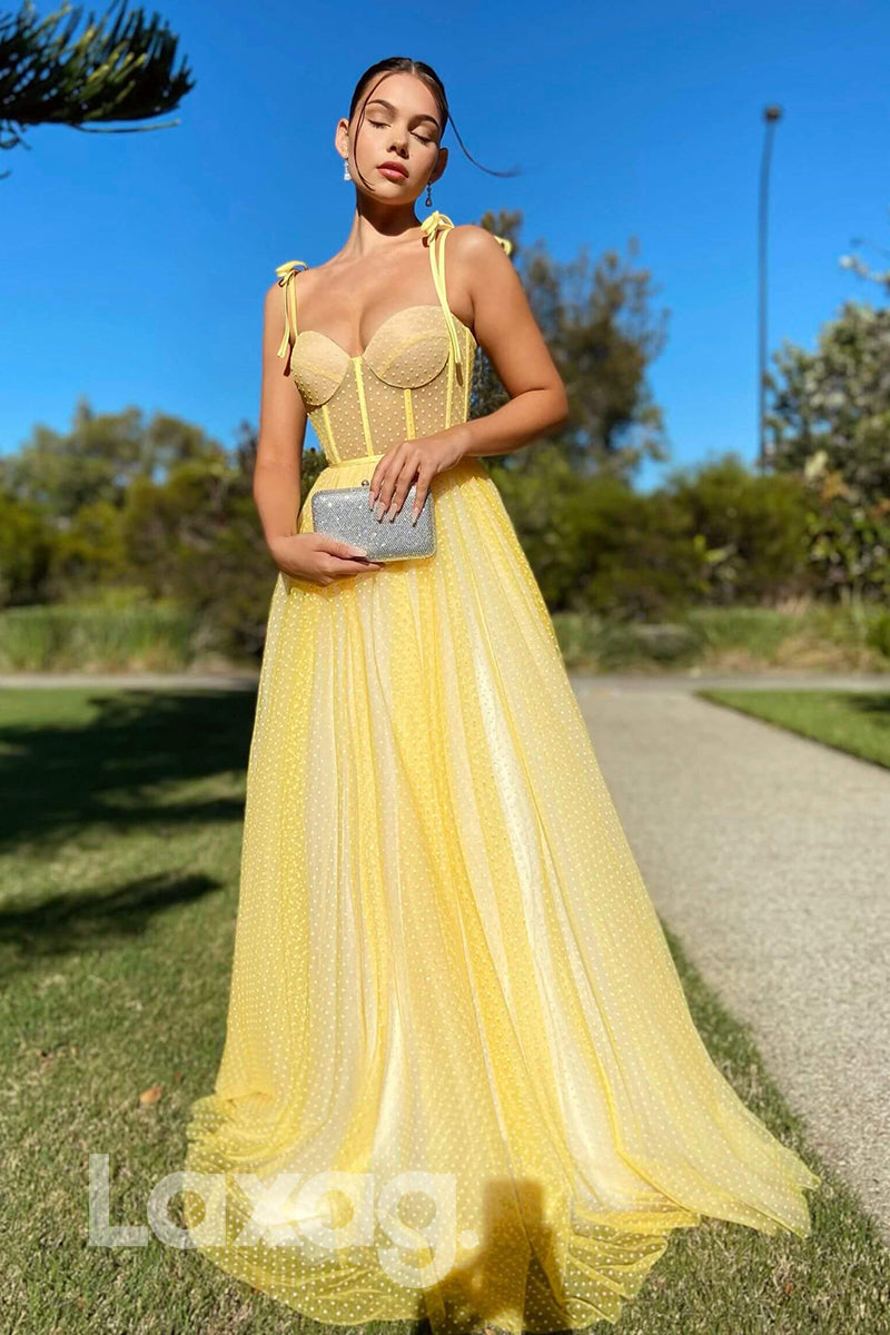 21704 - Spaghetti Straps Sweetheart Yellow Long Prom Dress