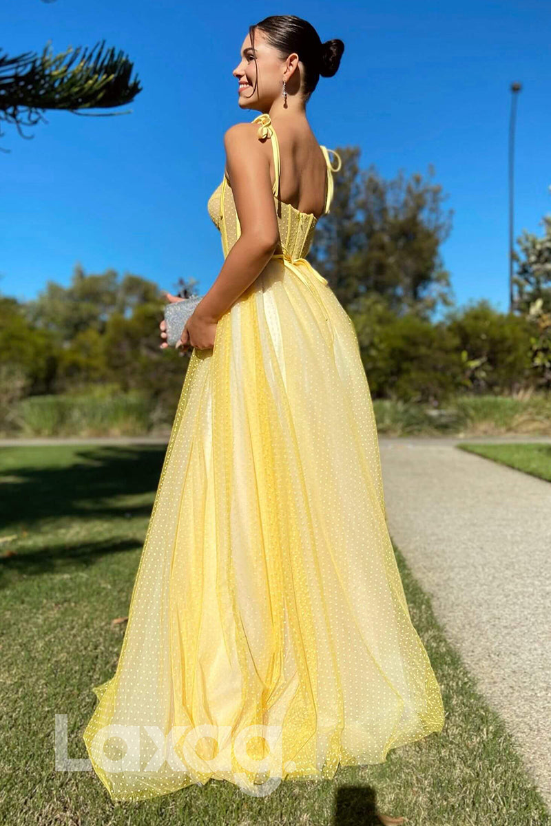 21704 - Spaghetti Straps Sweetheart Yellow Long Prom Dress
