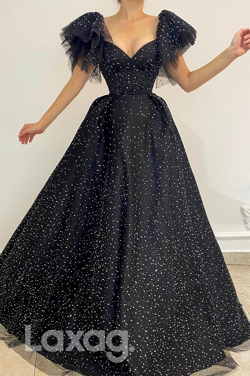 21714 - Sexy V-Neck A-line Short Sleeves Black Prom Dress|LAXAG