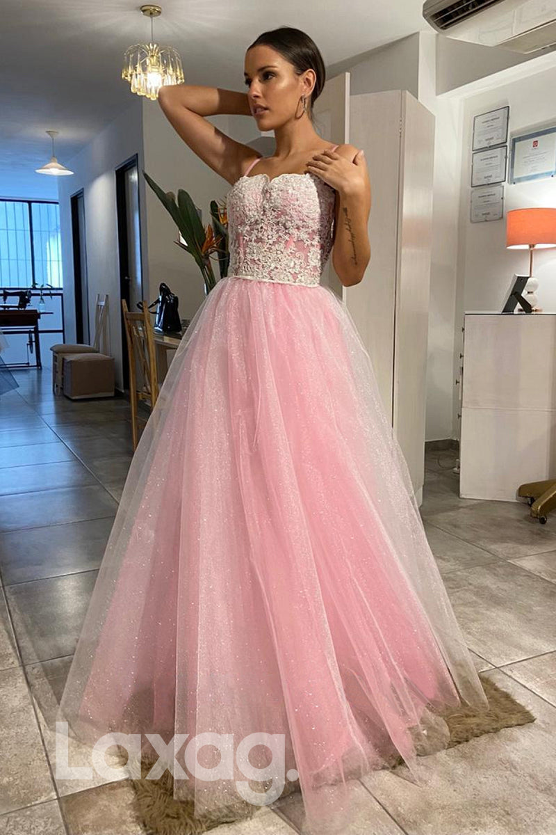 Spaghetti Straps Lace Appliques Pink Long Prom Dress - Fashionpara