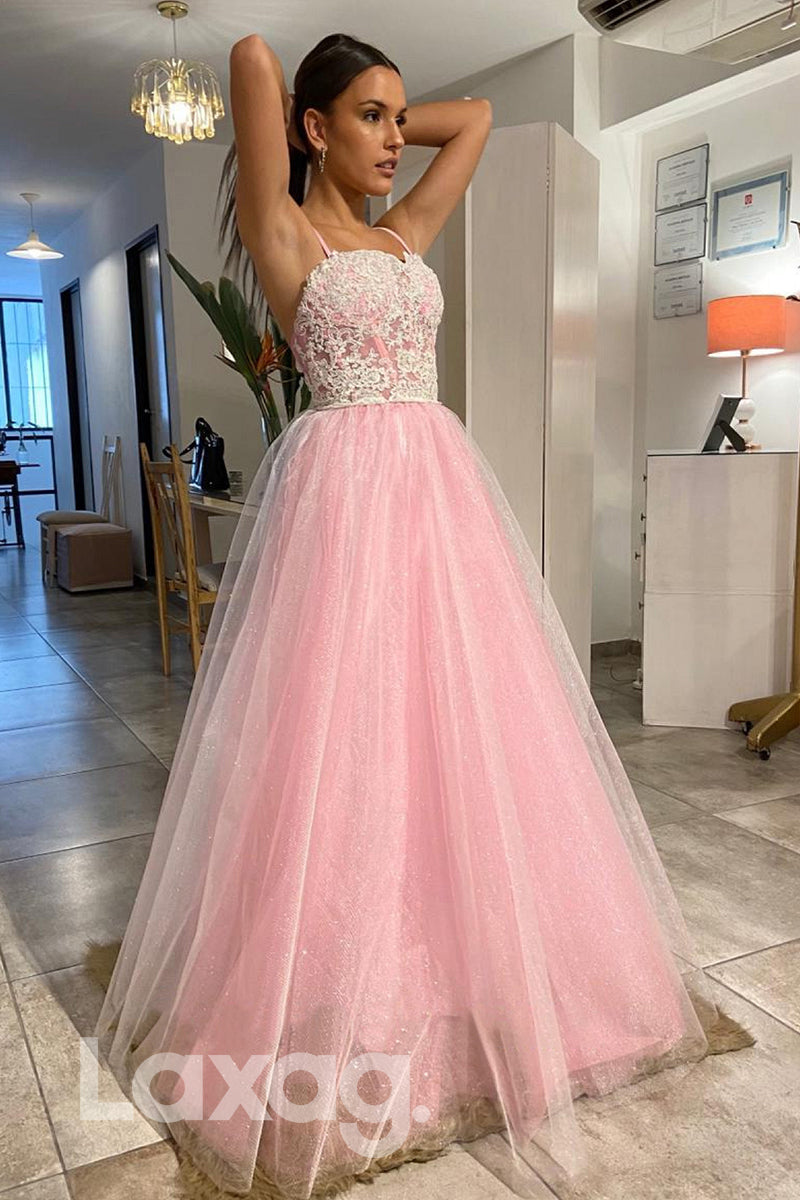 21724 - Spaghetti Straps Lace Appliques Pink Long Prom Dress
