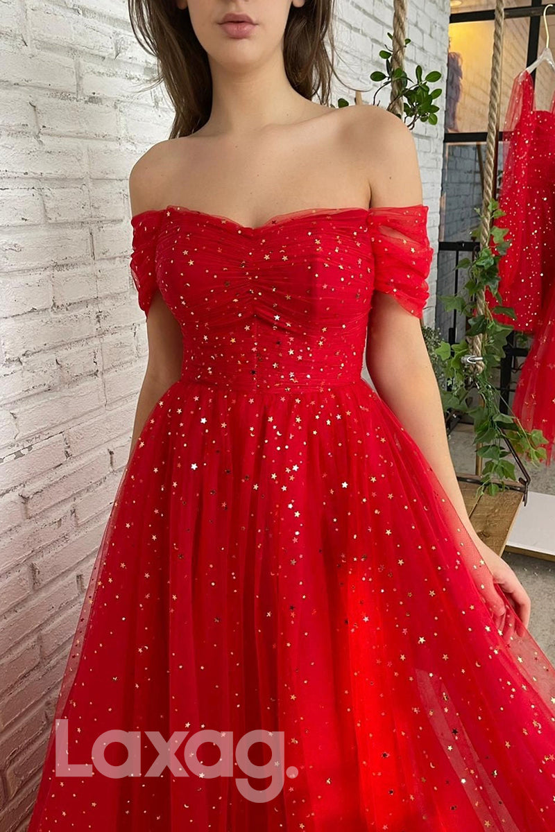 Off Shoulder Sparkly Star A-line Formal Dress - Fashionpara