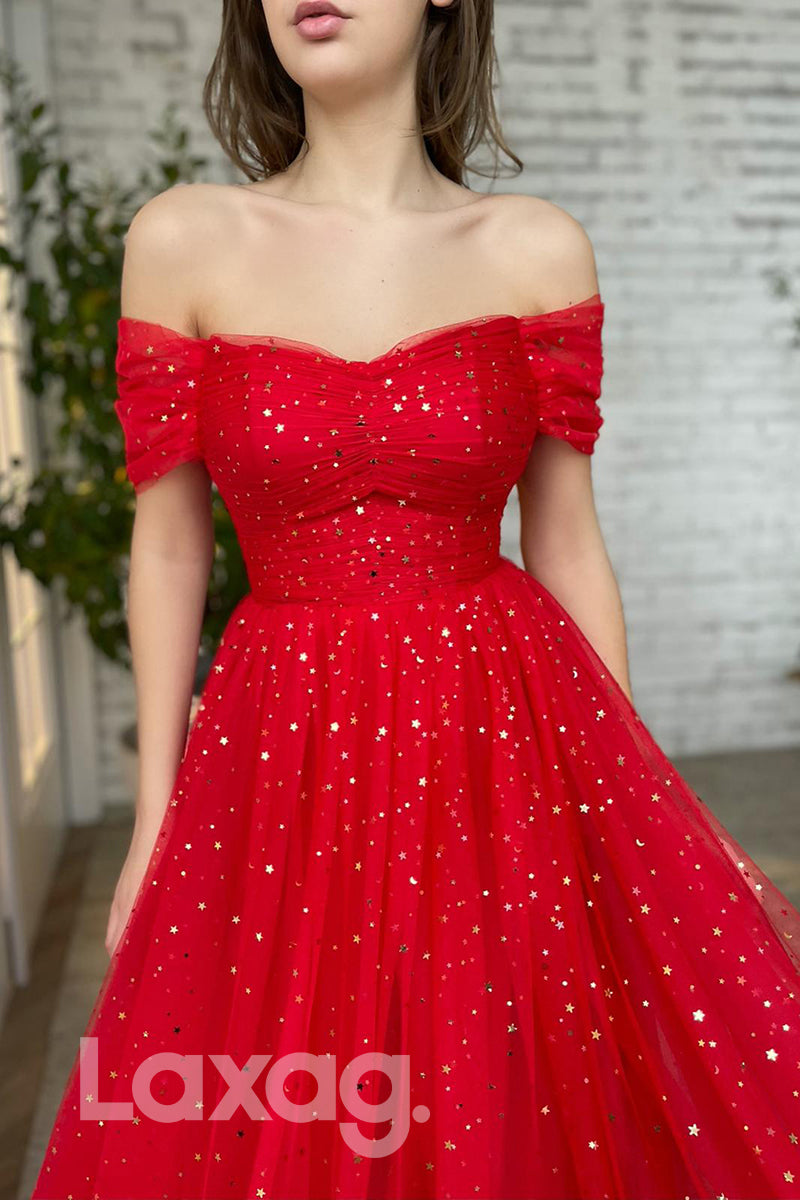 Off Shoulder Sparkly Star A-line Formal Dress - Fashionpara