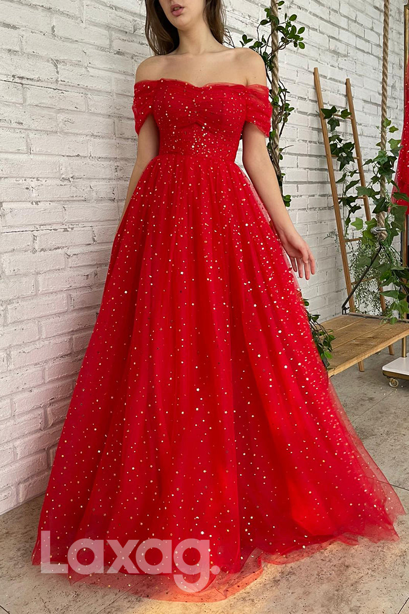 Off Shoulder Sparkly Star A-line Formal Dress - Fashionpara