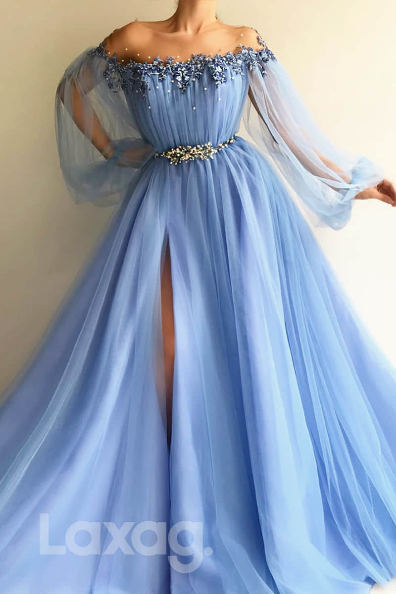Illusion Off-Shoulder High Leg Slit Pleated Ballgown - Fashionpara