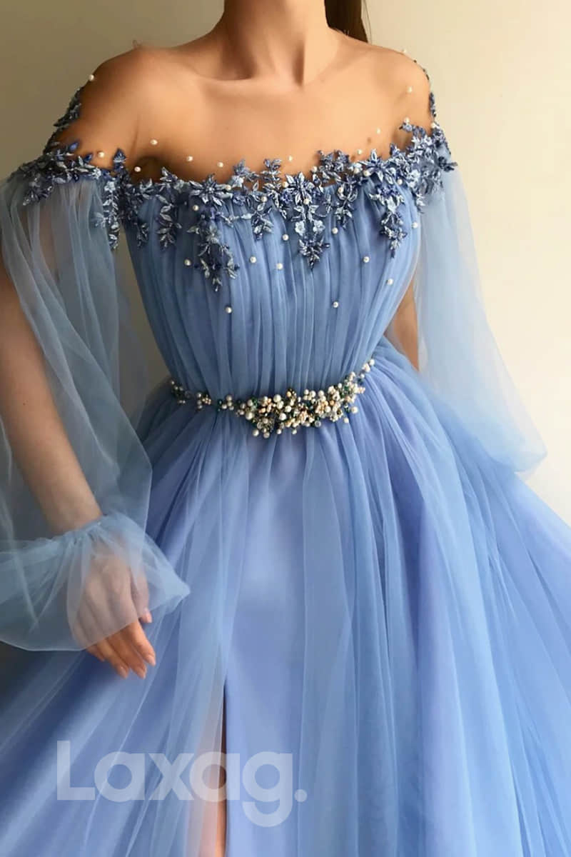 Illusion Off-Shoulder High Leg Slit Pleated Ballgown - Fashionpara