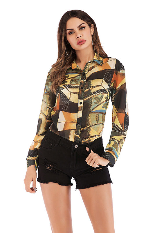 Leafy Print Lapel Single Breasted Blouse - Mislish