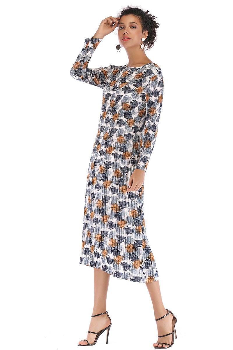 Leafy Print Long Sleeve Chiffon Dress