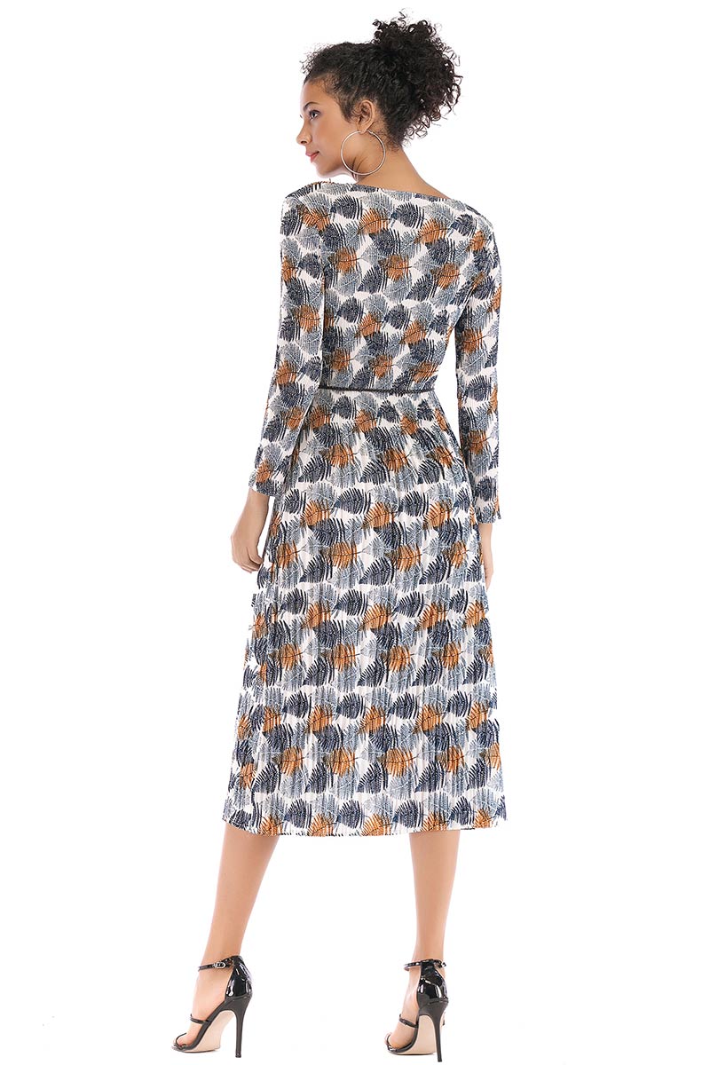 Leafy Print Long Sleeve Chiffon Dress