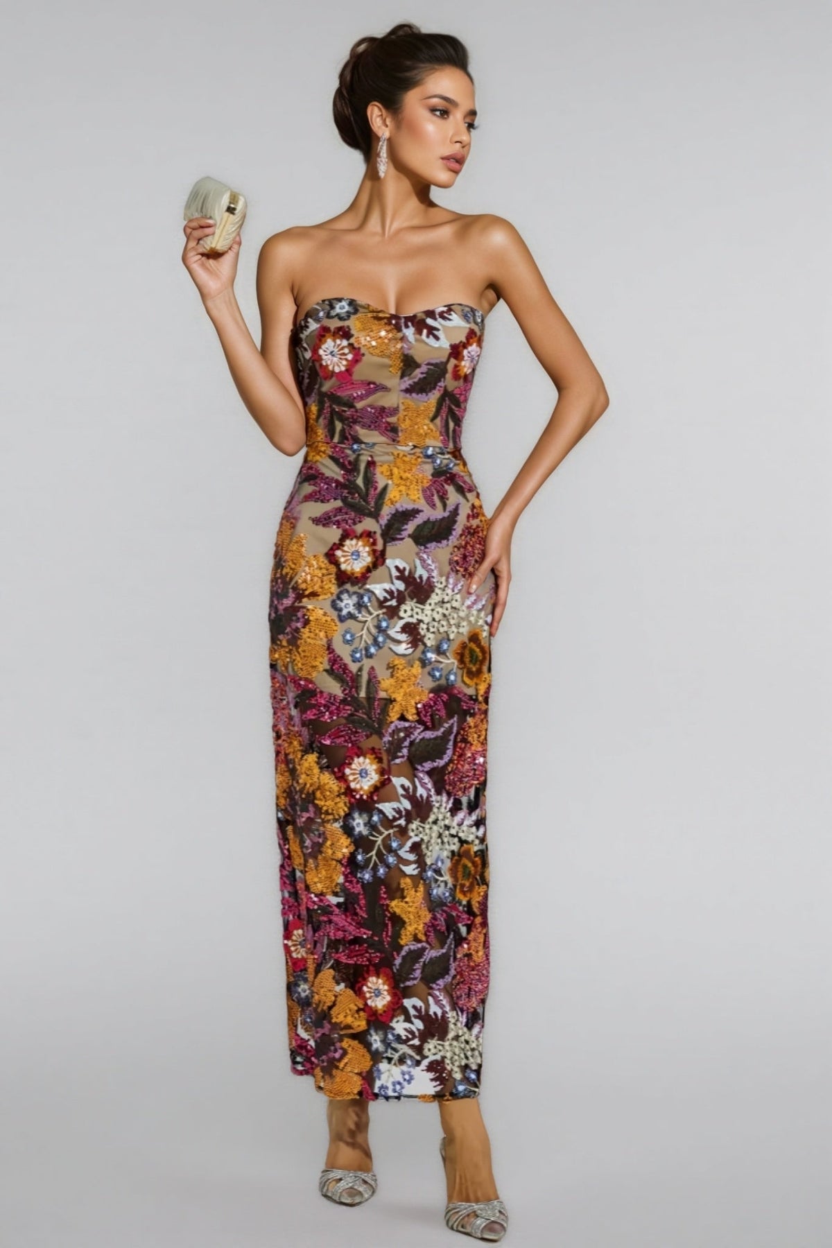 Floral Sequin Strapless Sweetheart Sheer Bodycon Maxi Dress - View 3