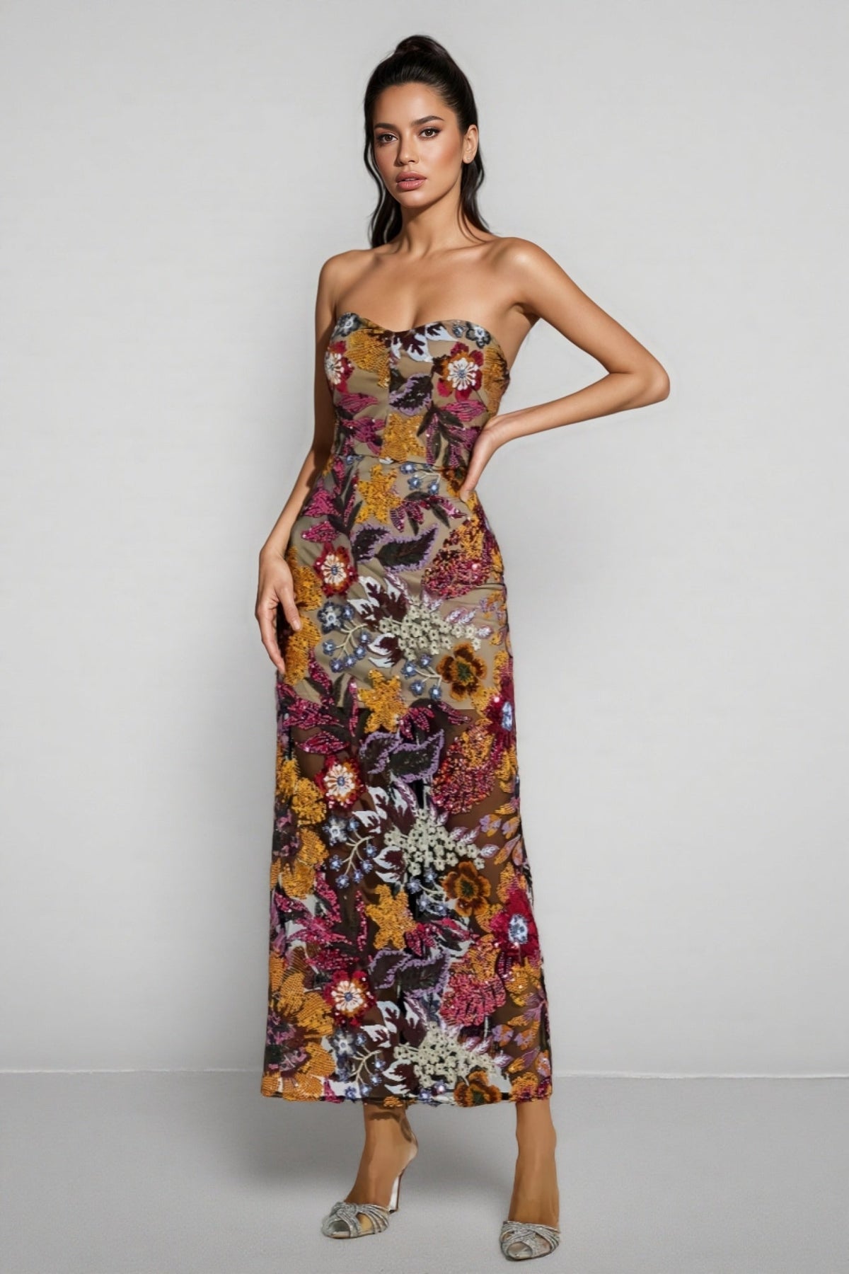 Floral Sequin Strapless Sweetheart Sheer Bodycon Maxi Dress - View 2
