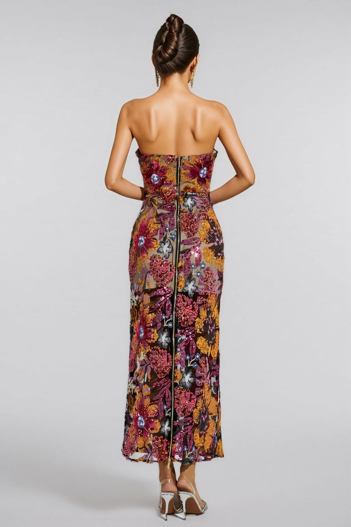 Floral Sequin Strapless Sweetheart Sheer Bodycon Maxi Dress - View 5
