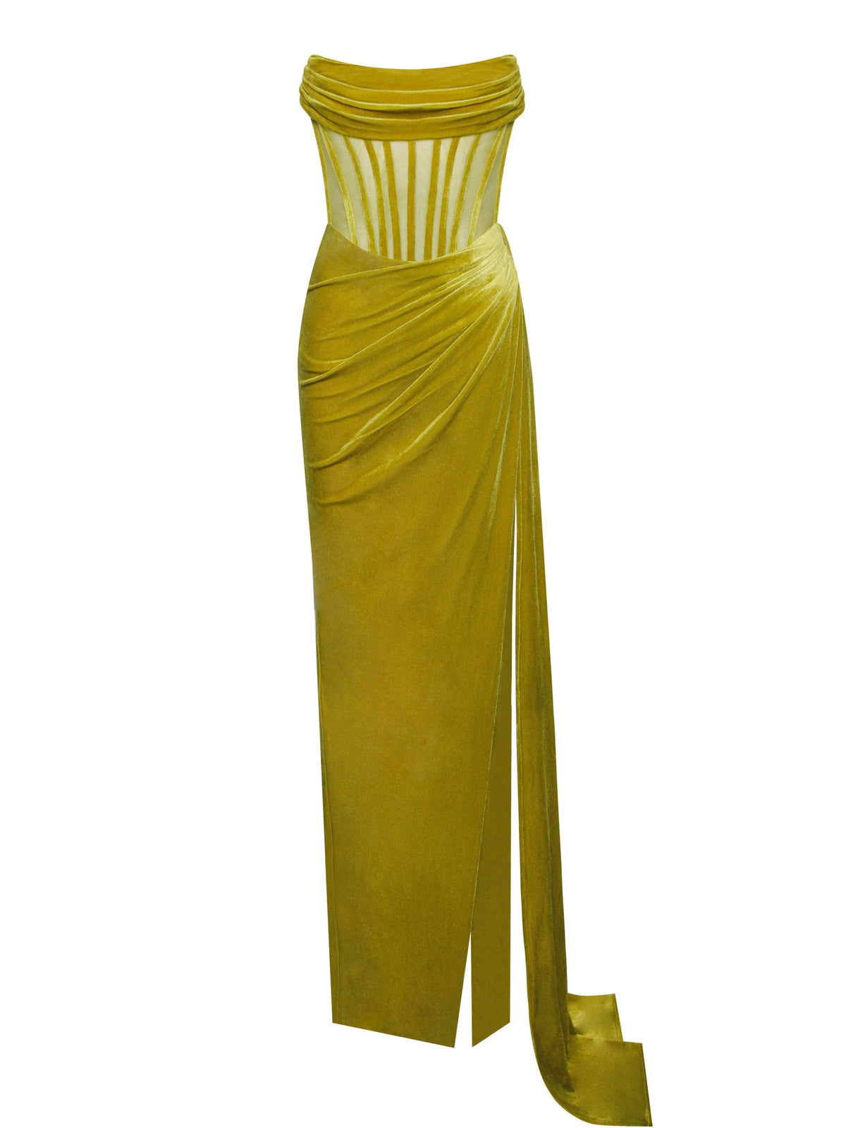 Velvet Strapless Corset Draped High-Slit Maxi Dress 6