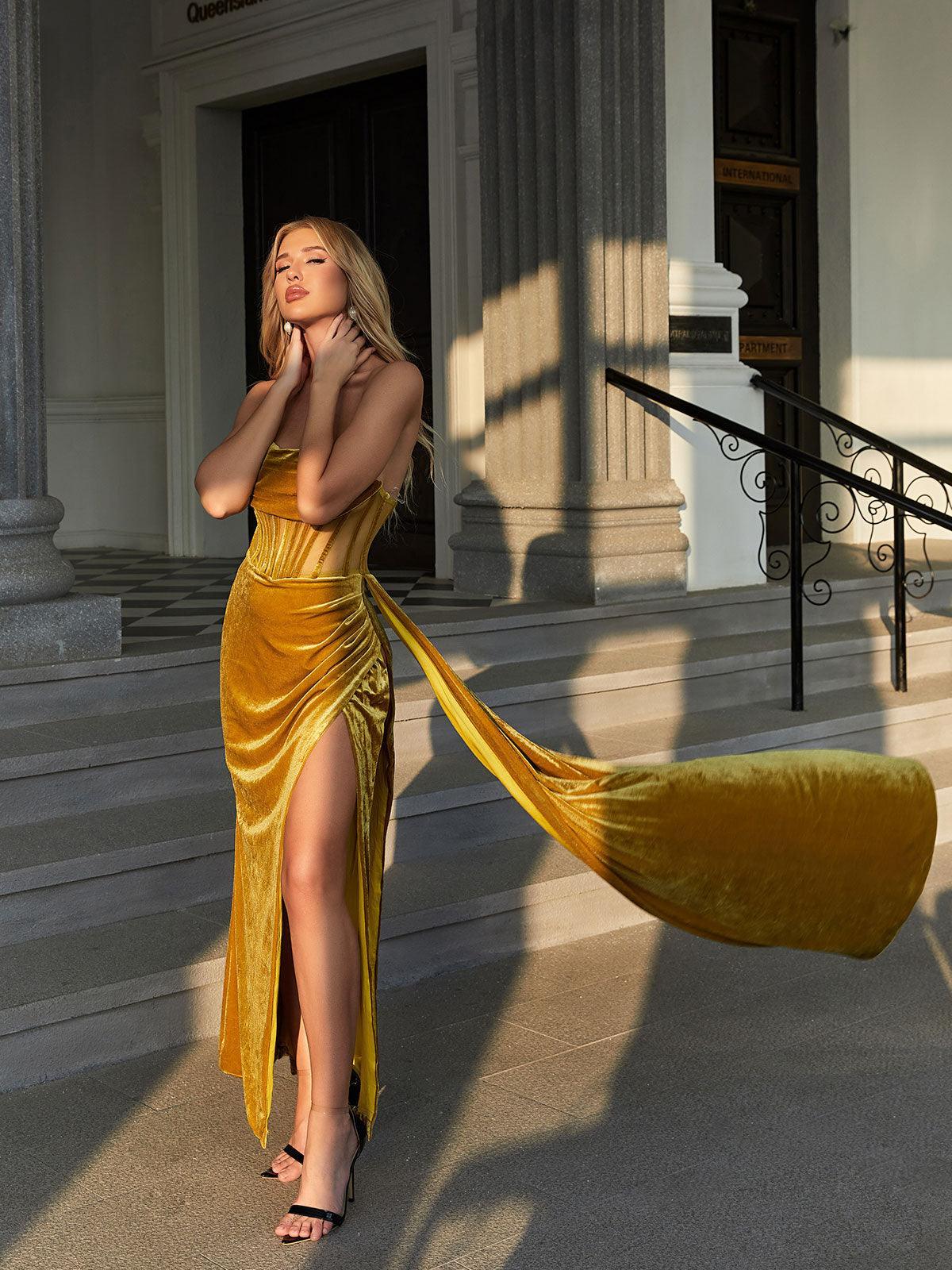 Velvet Strapless Corset Draped High-Slit Maxi Dress
