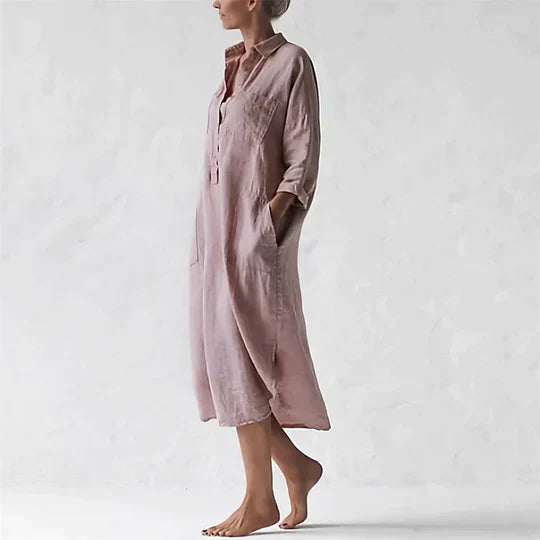 Linen Point Collar Button Placket Three Quarter Midi Shirt Dress