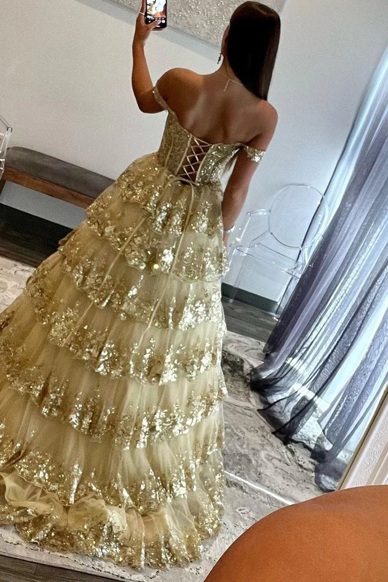 A-Line Sweetheart Off-Shoulder Sleeveless Stripe Sparkly Appliques Lace Evening Dress Prom Dress
