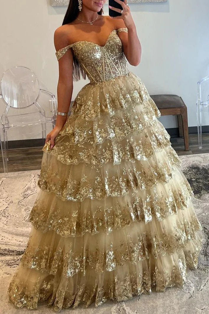 A-Line Sweetheart Off-Shoulder Sleeveless Stripe Sparkly Appliques Lace Evening Dress Prom Dress