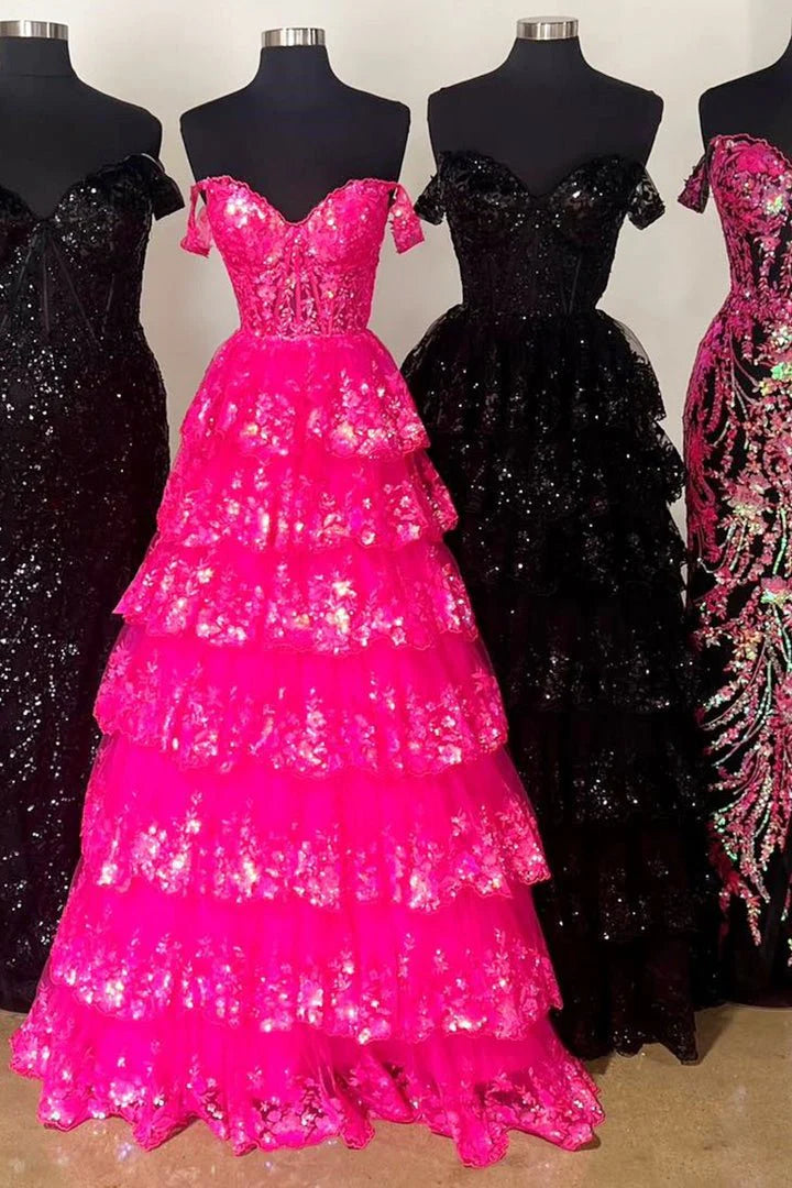 A-Line Sweetheart Off-Shoulder Sleeveless Stripe Sparkly Appliques Lace Evening Dress Prom Dress