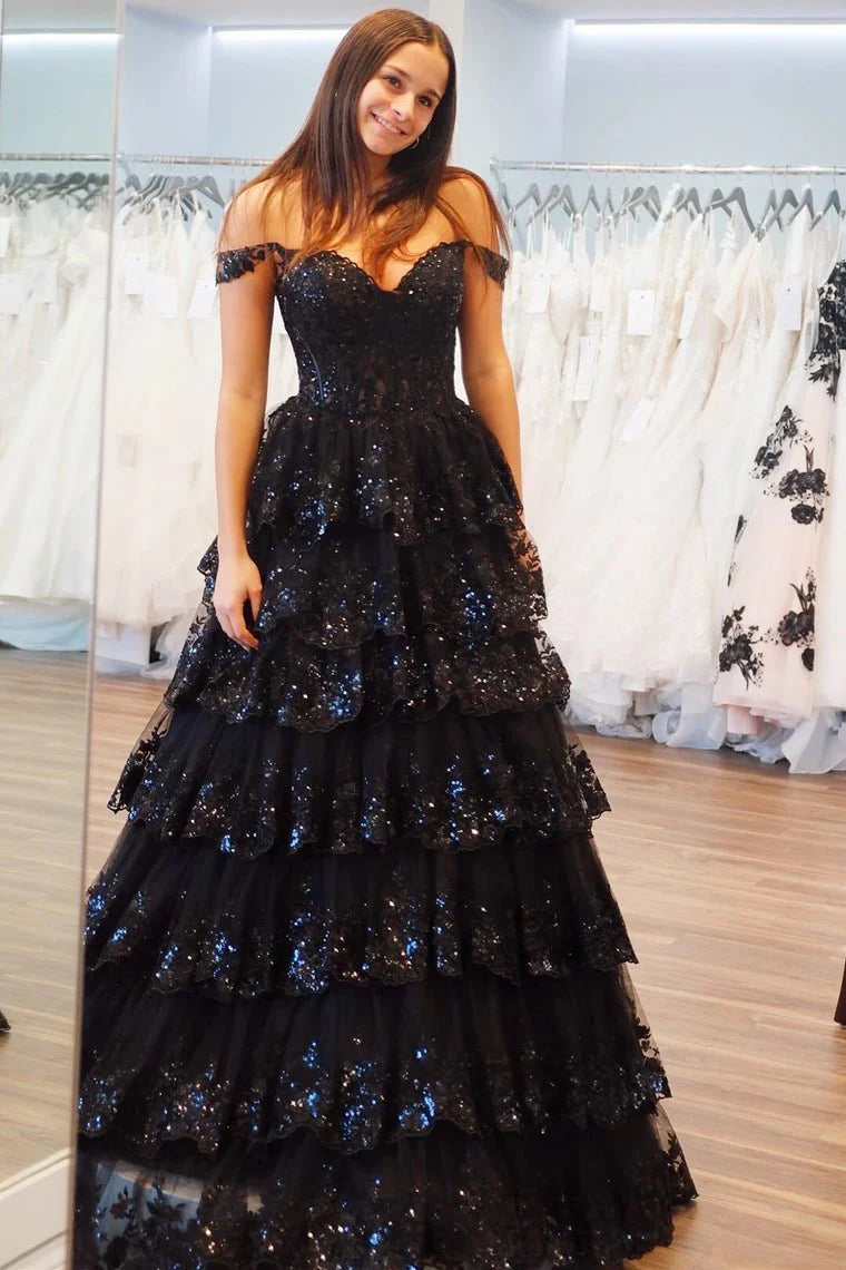 A-Line Sweetheart Off-Shoulder Sleeveless Stripe Sparkly Appliques Lace Evening Dress Prom Dress