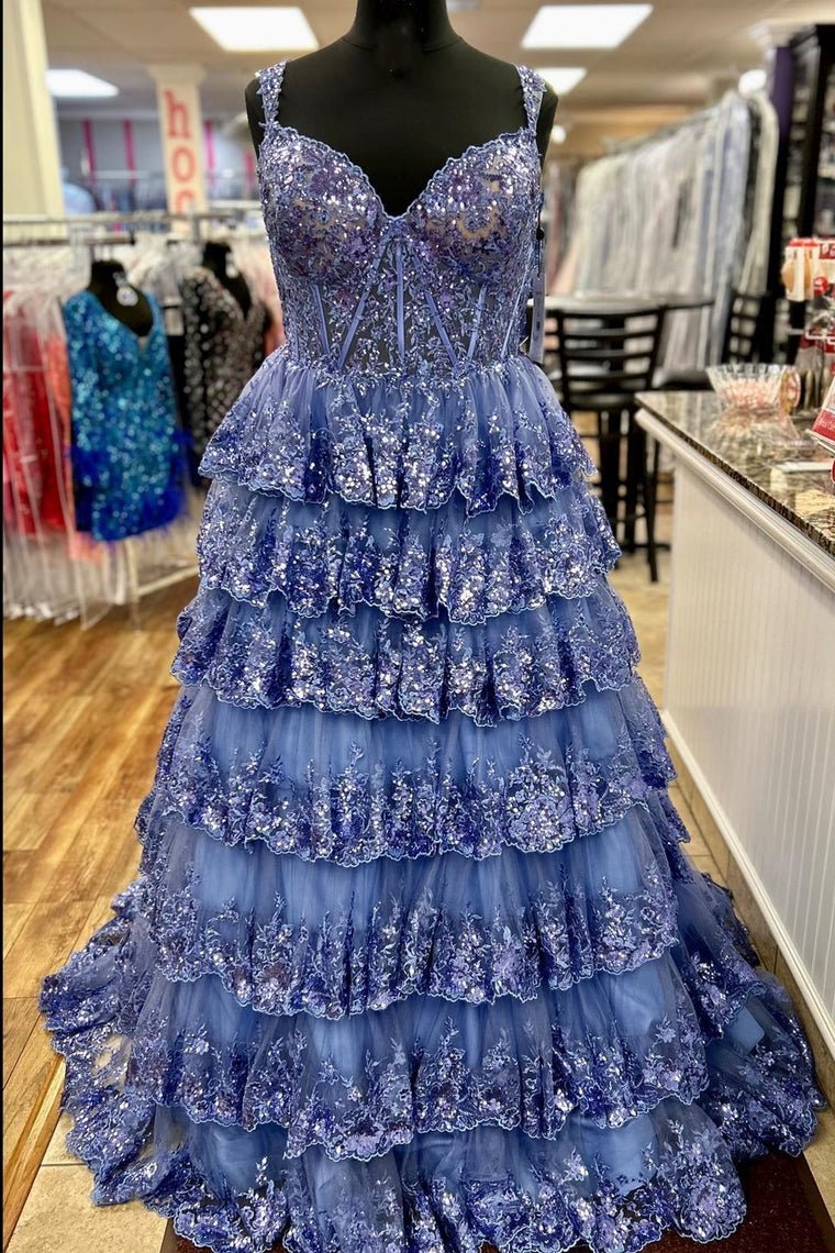 A-Line Sweetheart Off-Shoulder Sleeveless Stripe Sparkly Appliques Lace Evening Dress Prom Dress
