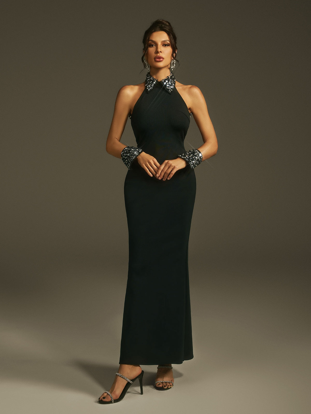 Crystal Collar Halter Neck Mermaid Open Back Maxi Gown - View 4