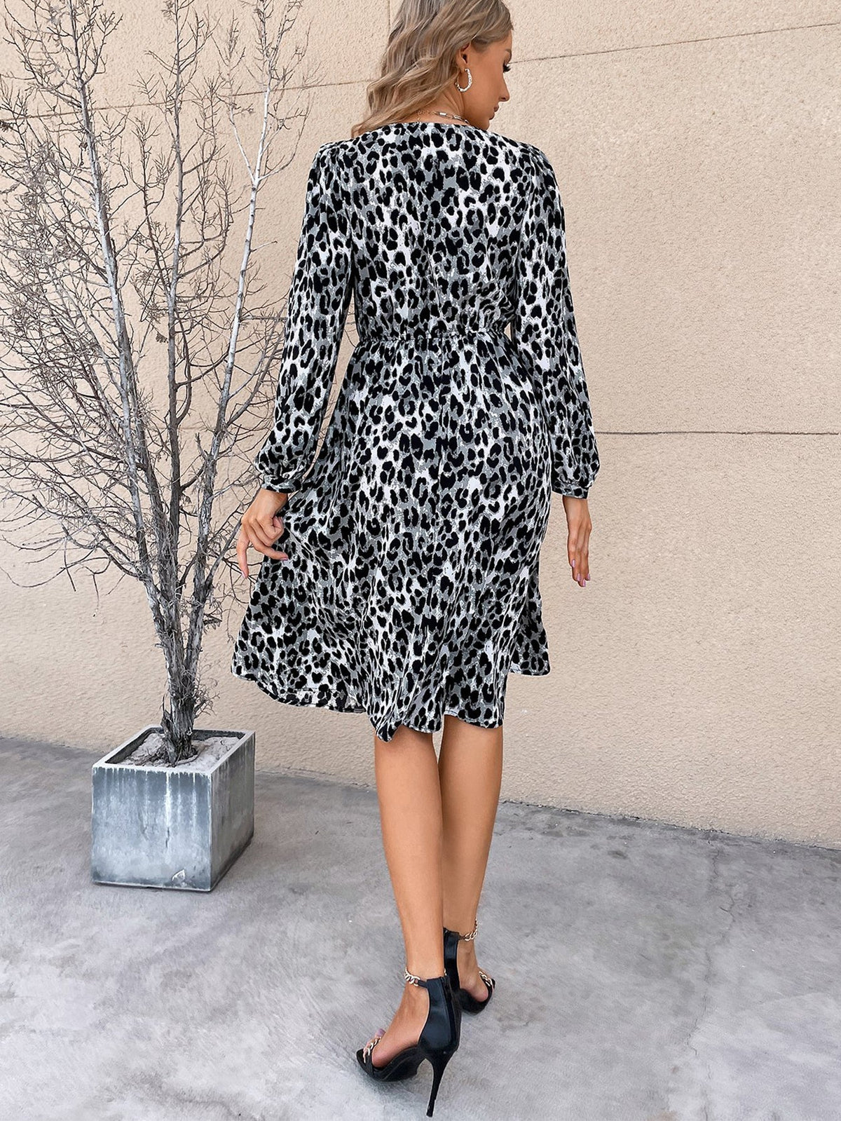 Leopard Print Long Sleeve A-Line Midi Dress