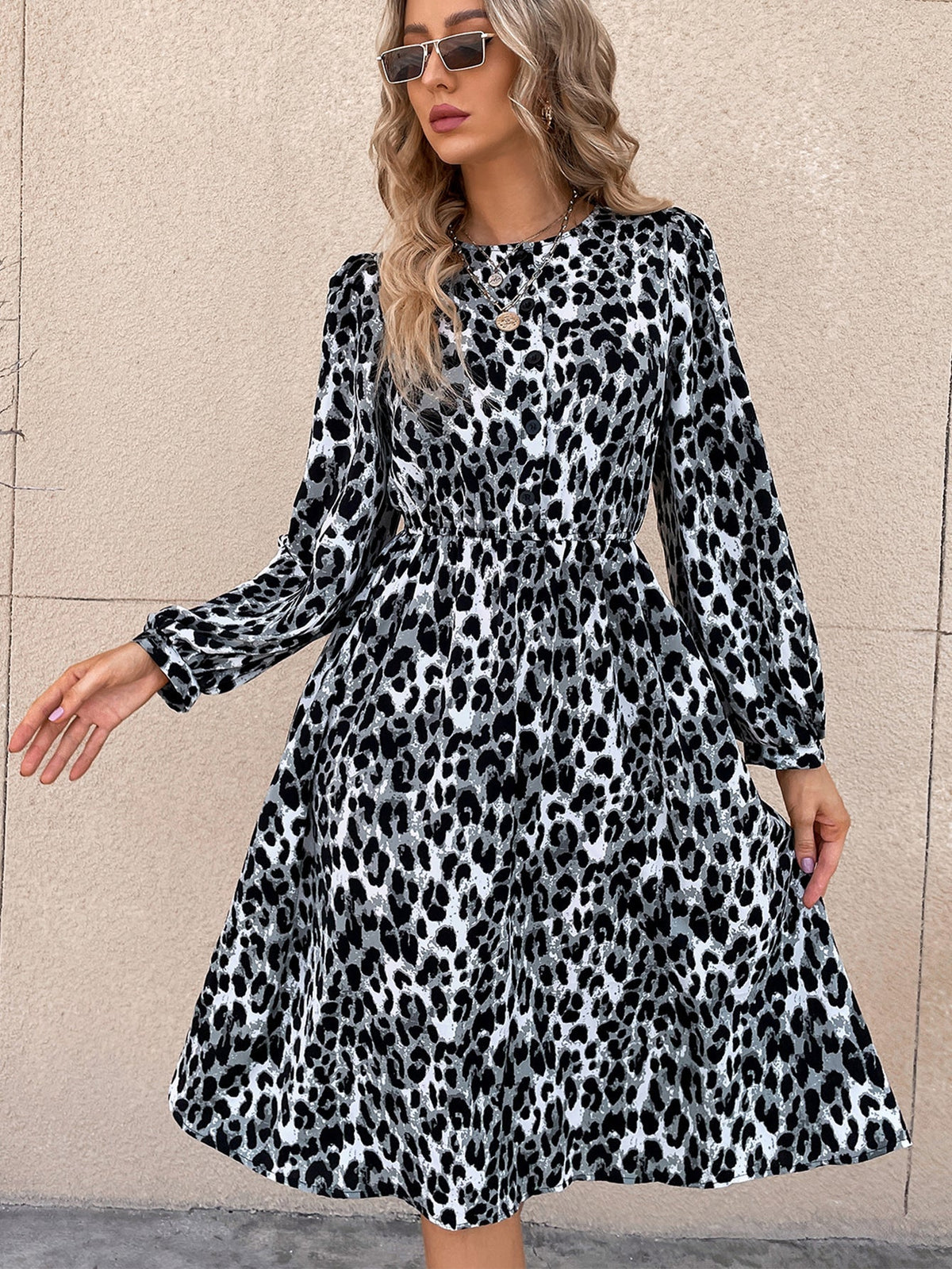 Leopard Print Long Sleeve A-Line Midi Dress