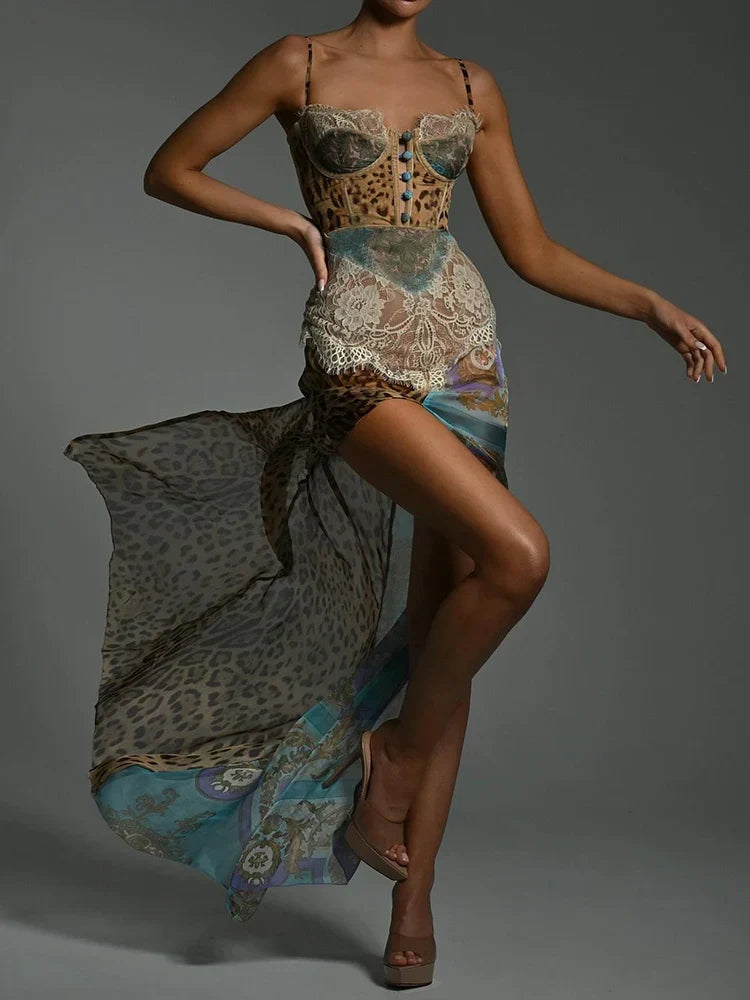 Leopard Patchwork Slit Maxi Dress