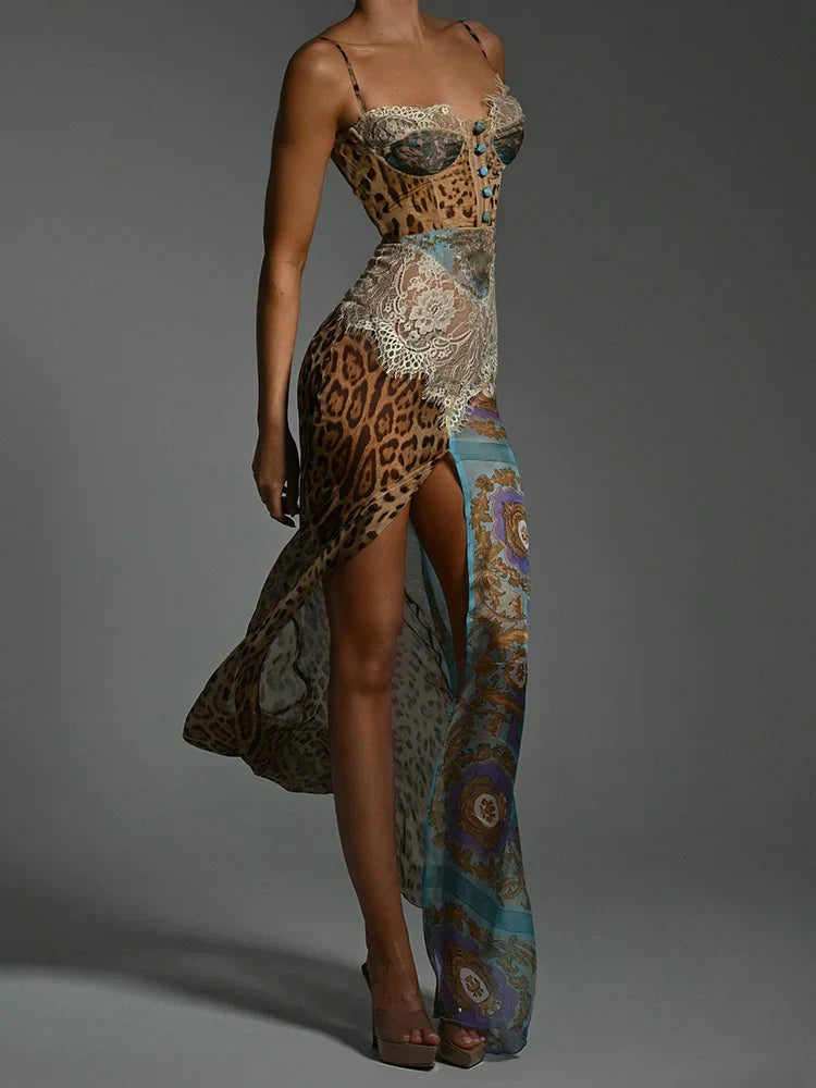 Leopard Patchwork Slit Maxi Dress - Fashionpara