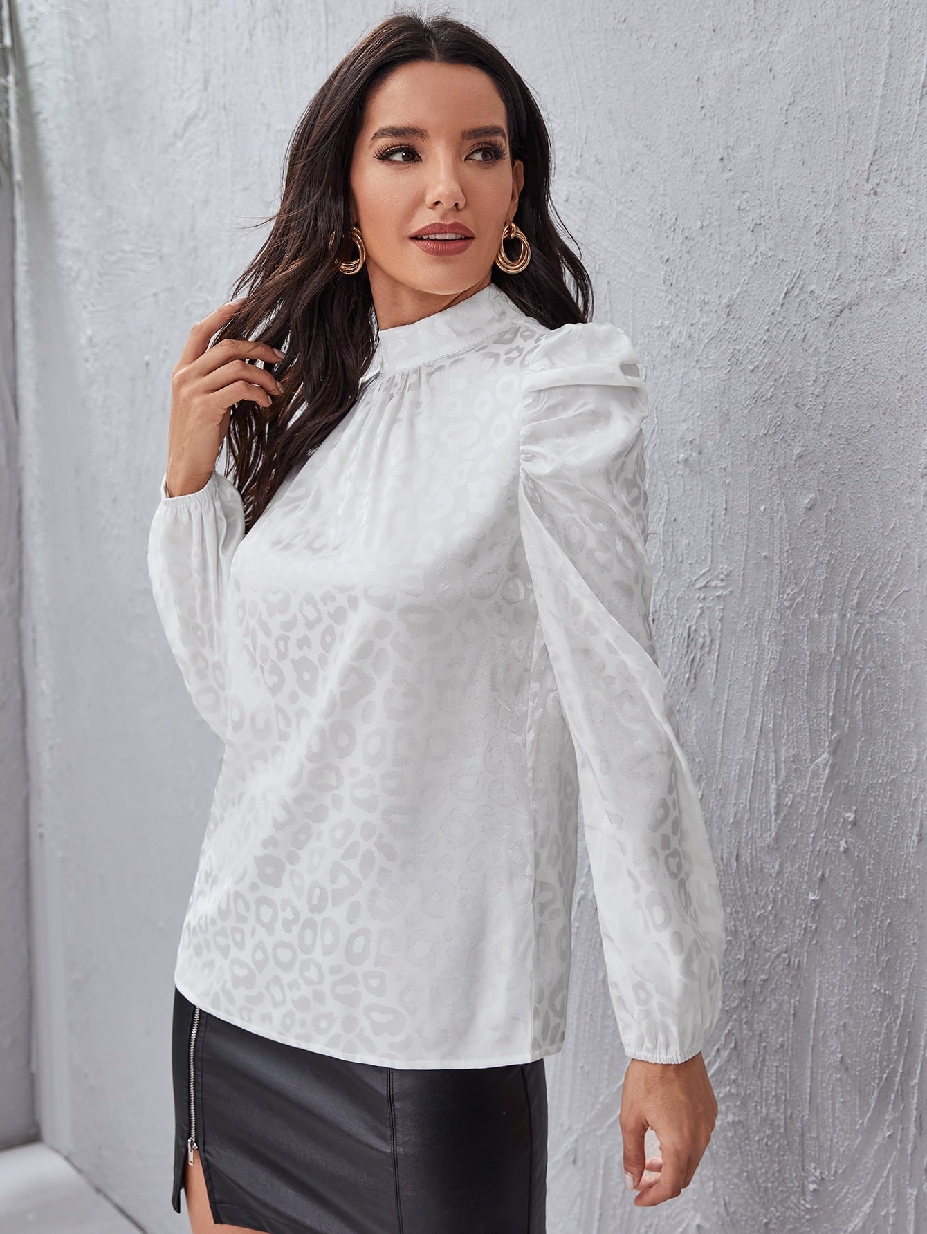 Leopard Print Mock Neck Blouse - Fashionpara