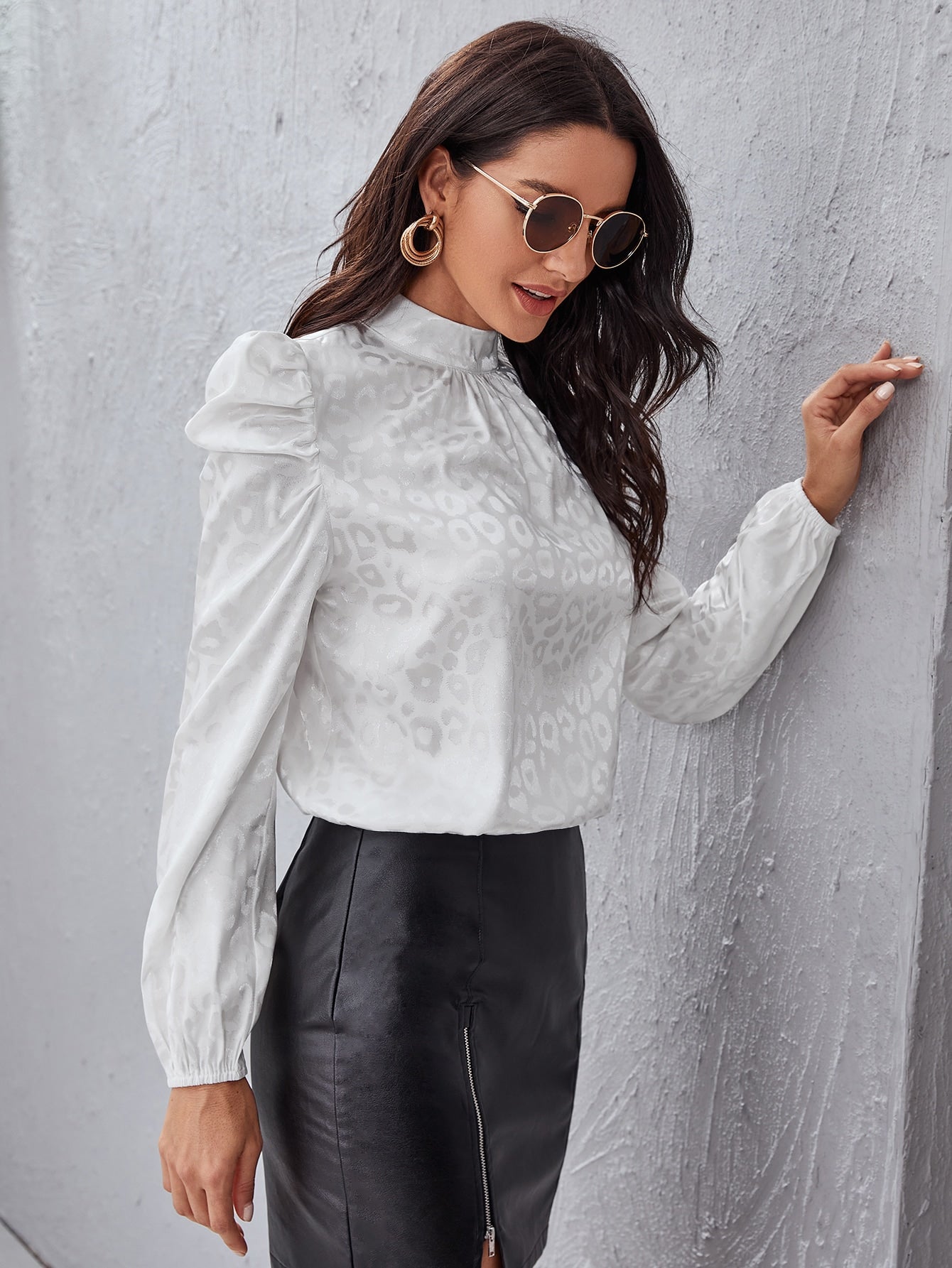 Leopard Print Mock Neck Blouse - Fashionpara