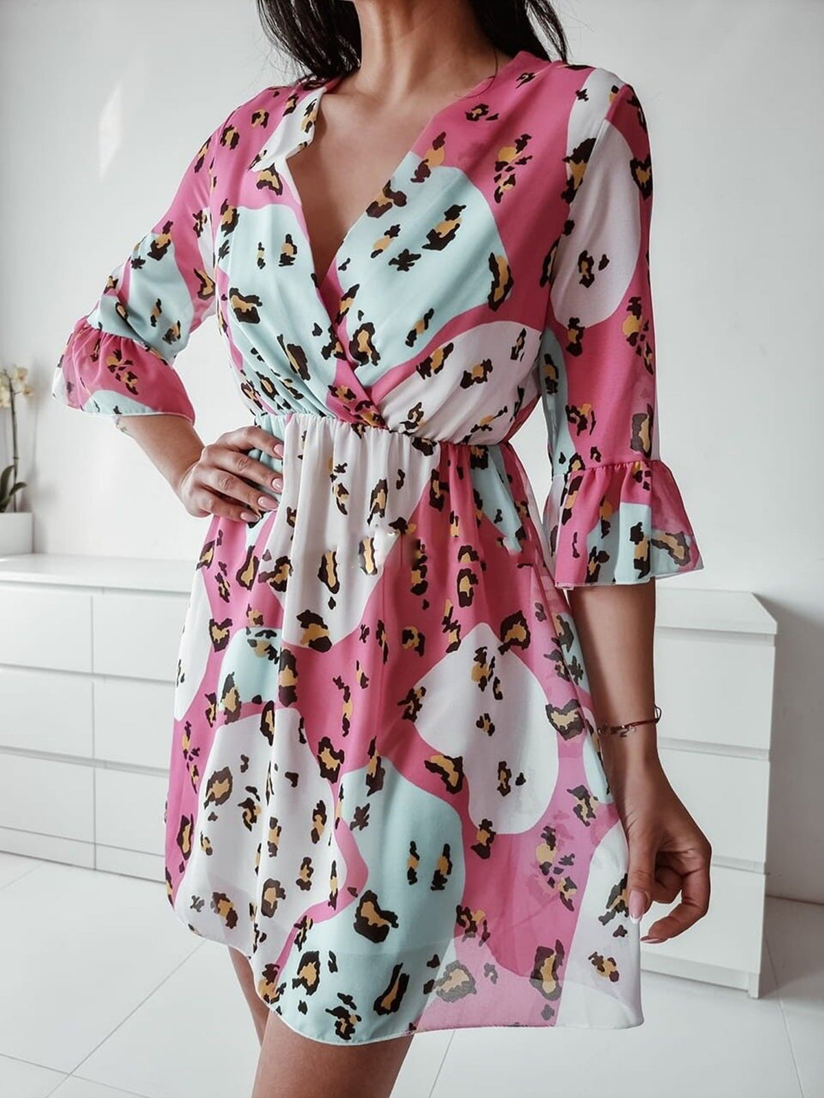 KittenAlarm - Leopard Print V Neck Dress